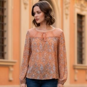 Melloday  Women's Pheasant Top Long Sleeve Tie Neck Eyelet Detail Paisley Med.